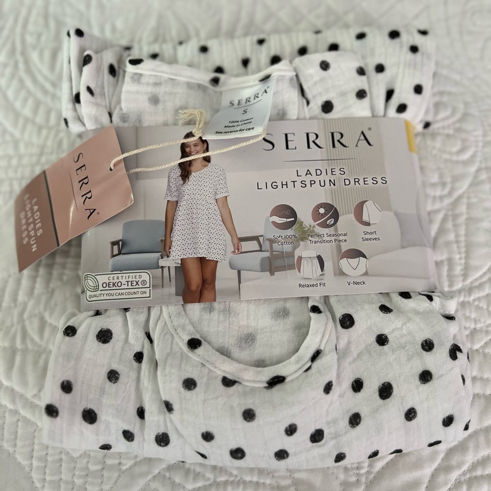 NWT Serra Women’s Light Spun White and Black Polka Dot Dress